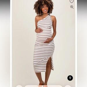 White Striped One Shoulder Side Slit Maternity Midi Dress L